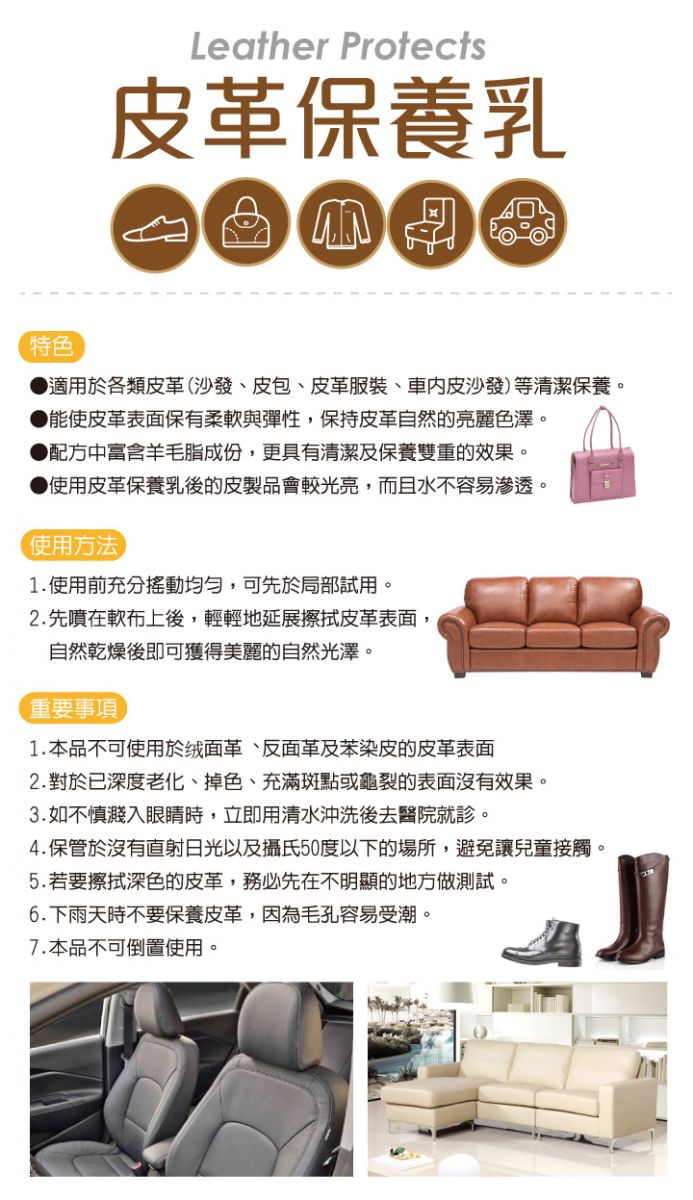 Leather Protects皮革保養乳特色適用於各類皮革(沙發、皮包、皮革服裝、車內皮沙發)等清潔保養。能使皮革表面保有柔軟與彈性,保持皮革自然的亮麗色澤。配方中富含羊毛脂成份,更具有清潔及保養雙重的效果。使用皮革保養乳後的皮製品會較光亮,而且水不容易滲透。使用方法1.使用前充分搖動均勻,可先於局部試用。2.先噴在軟布上後,輕輕地延展擦拭皮革表面,自然乾燥後即可獲得美麗的自然光澤。重要事項1.本品不可使用於绒面革、反面革及苯染皮的皮革表面2. 對於已深度老化、掉色、充滿斑點或龜裂的表面沒有效果。3.如不慎濺入眼睛時,立即用清水沖洗後去醫院就診。4.保管於沒有直射日光以及攝氏50度以下的場所,避免讓兒童接觸。5.若要擦拭深色的皮革,務必先在不明顯的地方做測試。6.下雨天時不要保養皮革,因為毛孔容易受潮。7.本品不可倒置使用。