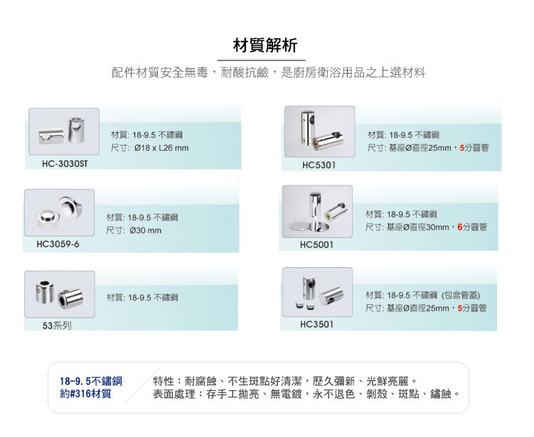材質解析配件材質安全無毒耐酸抗鹼,是廚房衛浴用品之上選材料材質18-9.5 材質:18-9.5 不鏽鋼尺寸:  L26 mm尺寸:基座直徑25mm,5HC-3030STHC5301材質: 18-9.5 不鏽鋼材質: 18-9.5 不鏽鋼尺寸:基座直徑30mm,6分圓管尺寸:HC3059-6HC5001材質: 18-9.5 不鏽鋼53系列材質:18-9.5 不鏽鋼(包含管蓋)尺寸:基座直徑25mm,5管HC350118-9.5不鏽鋼特性:耐腐蝕不生斑點好清潔,歷久彌新、光鮮亮麗。約#316材質表面處理:存手工亮、無電鍍,永不退色、剝殼、斑點、鏽蝕。